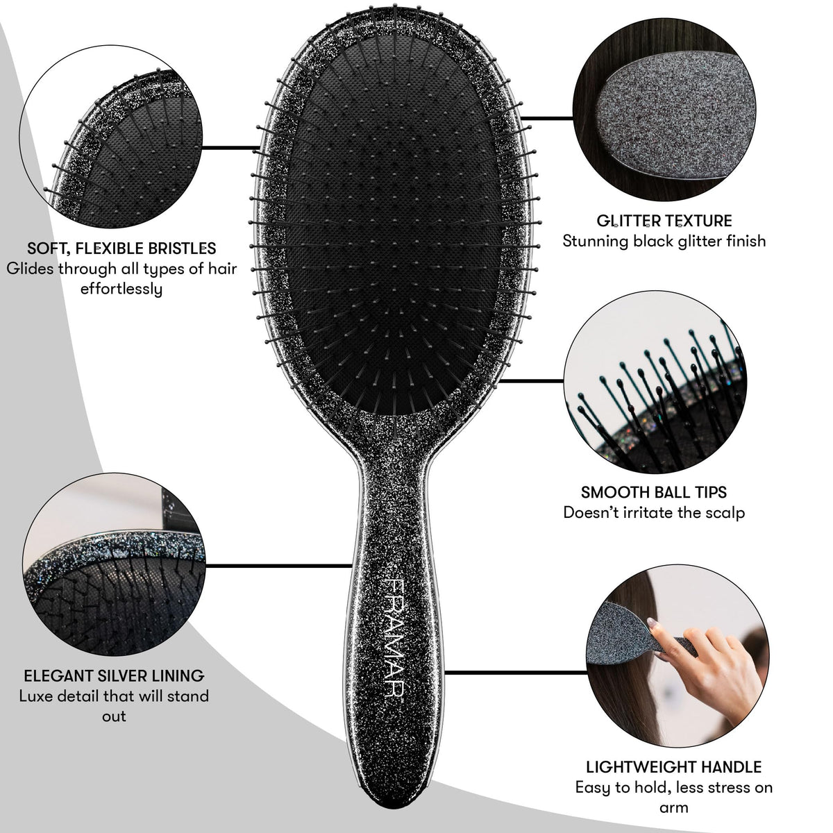 FRAMAR Glitter Hair Brush Detangler flexible bristles close-up