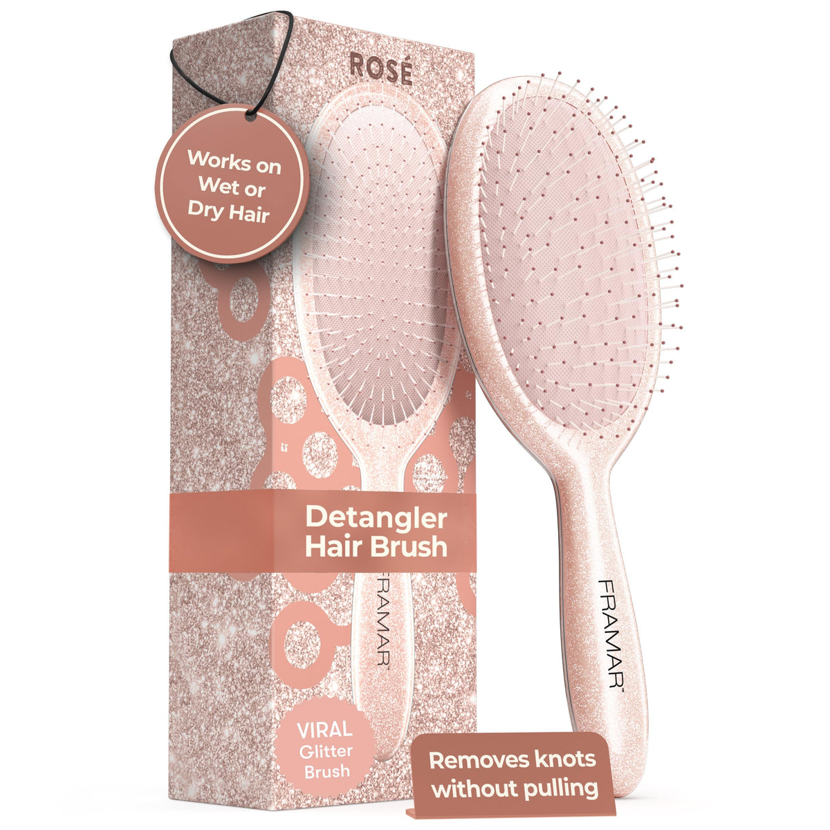 FRAMAR Glitter Hair Brush Detangler front view in Rosé