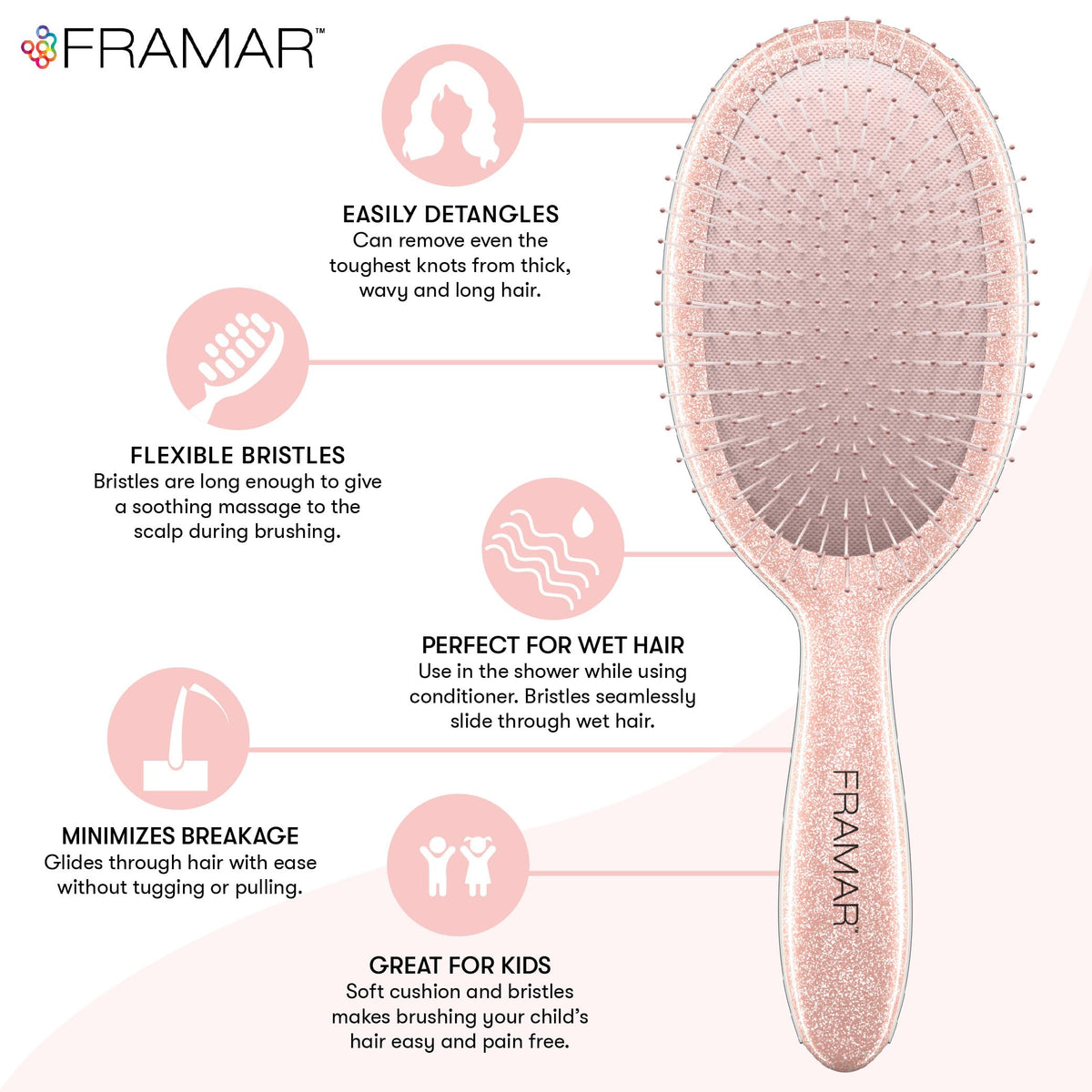 FRAMAR Glitter Hair Brush Detangler held in hand
