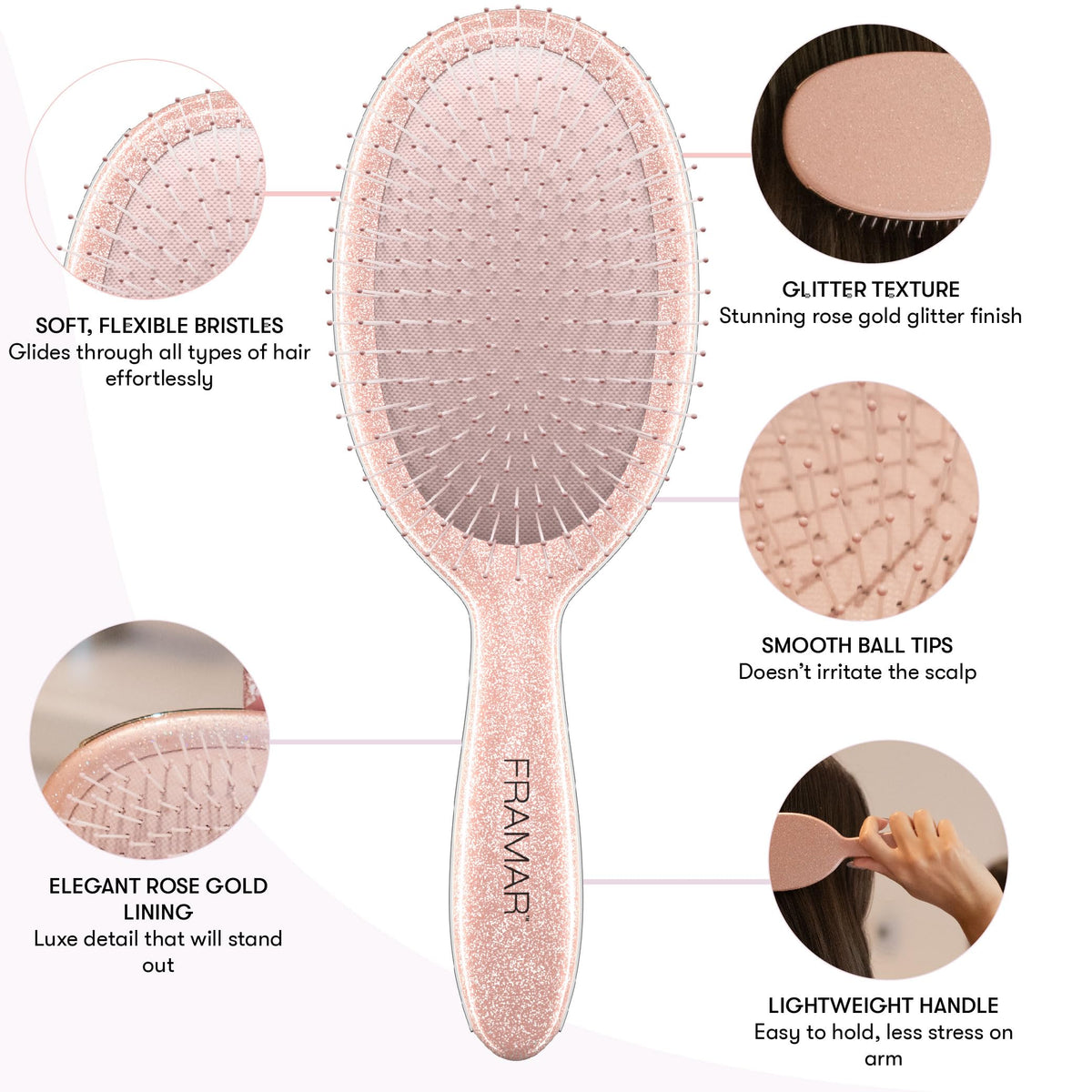 FRAMAR Glitter Hair Brush Detangler showing flexible bristles