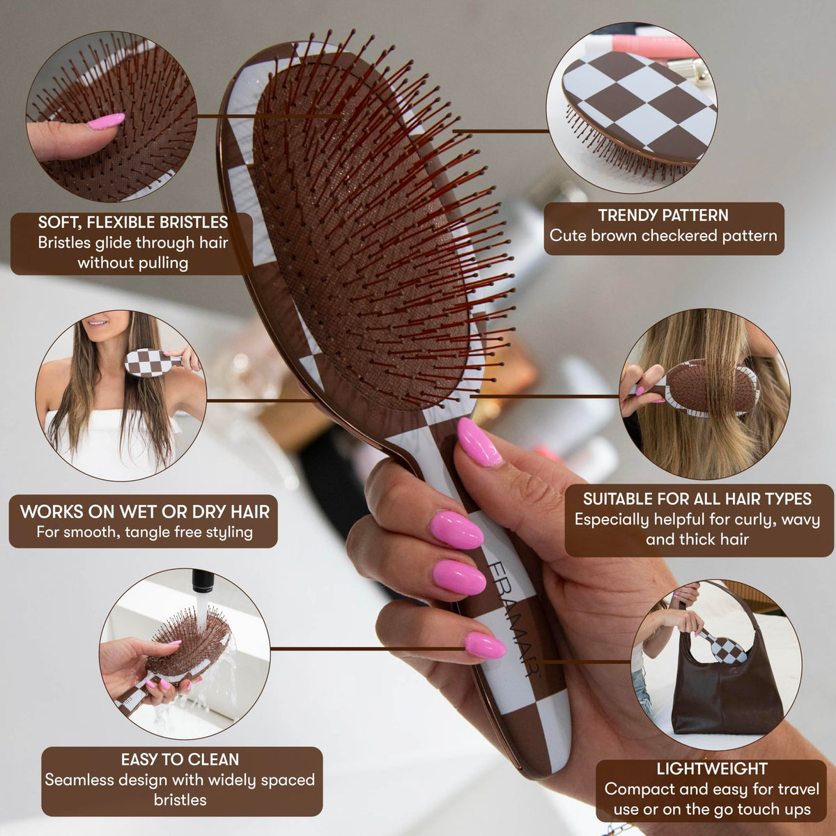 FRAMAR Hair Brush Detangler showing flexible bristles