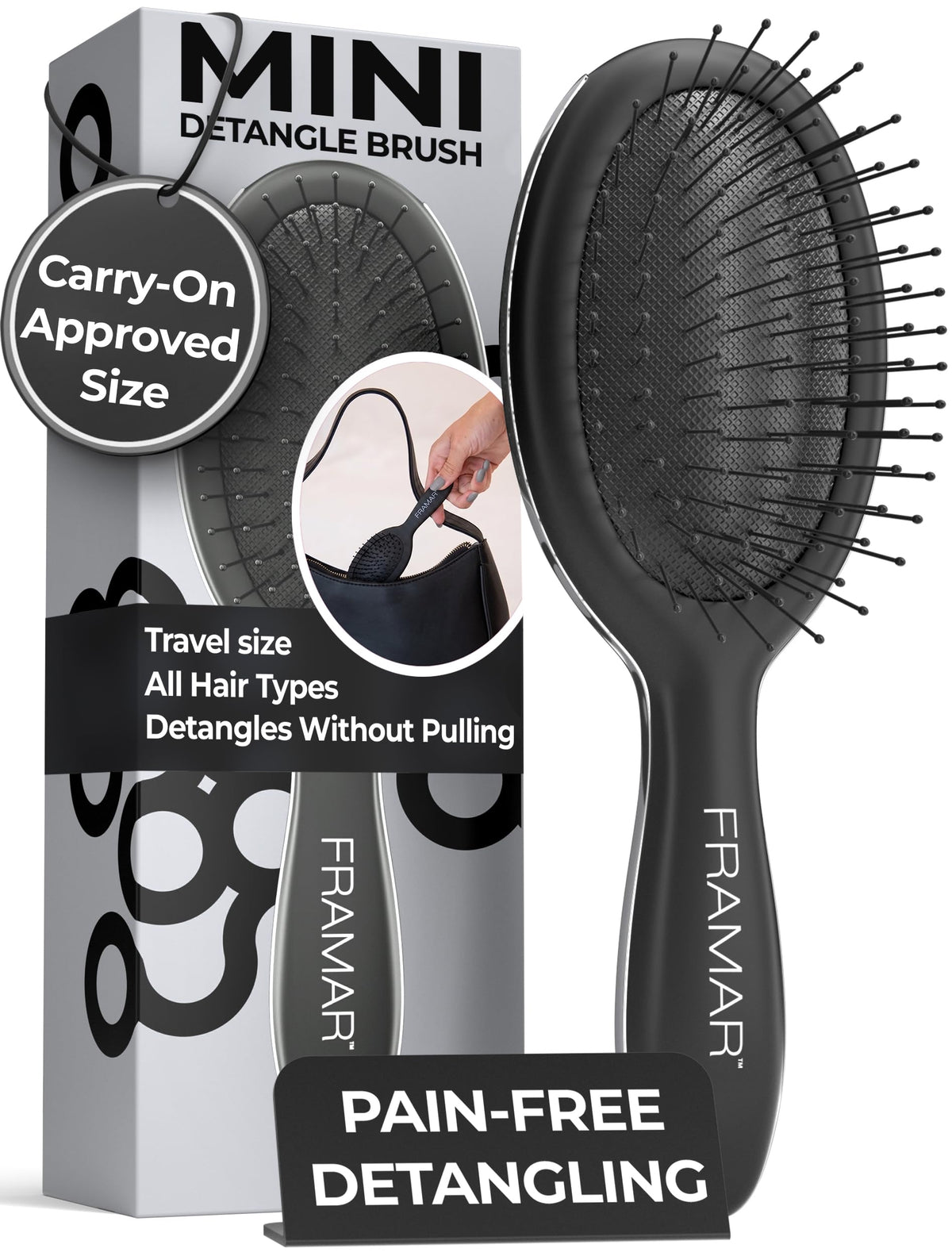 FRAMAR Mini Hair Brush Detangler front view in matte black