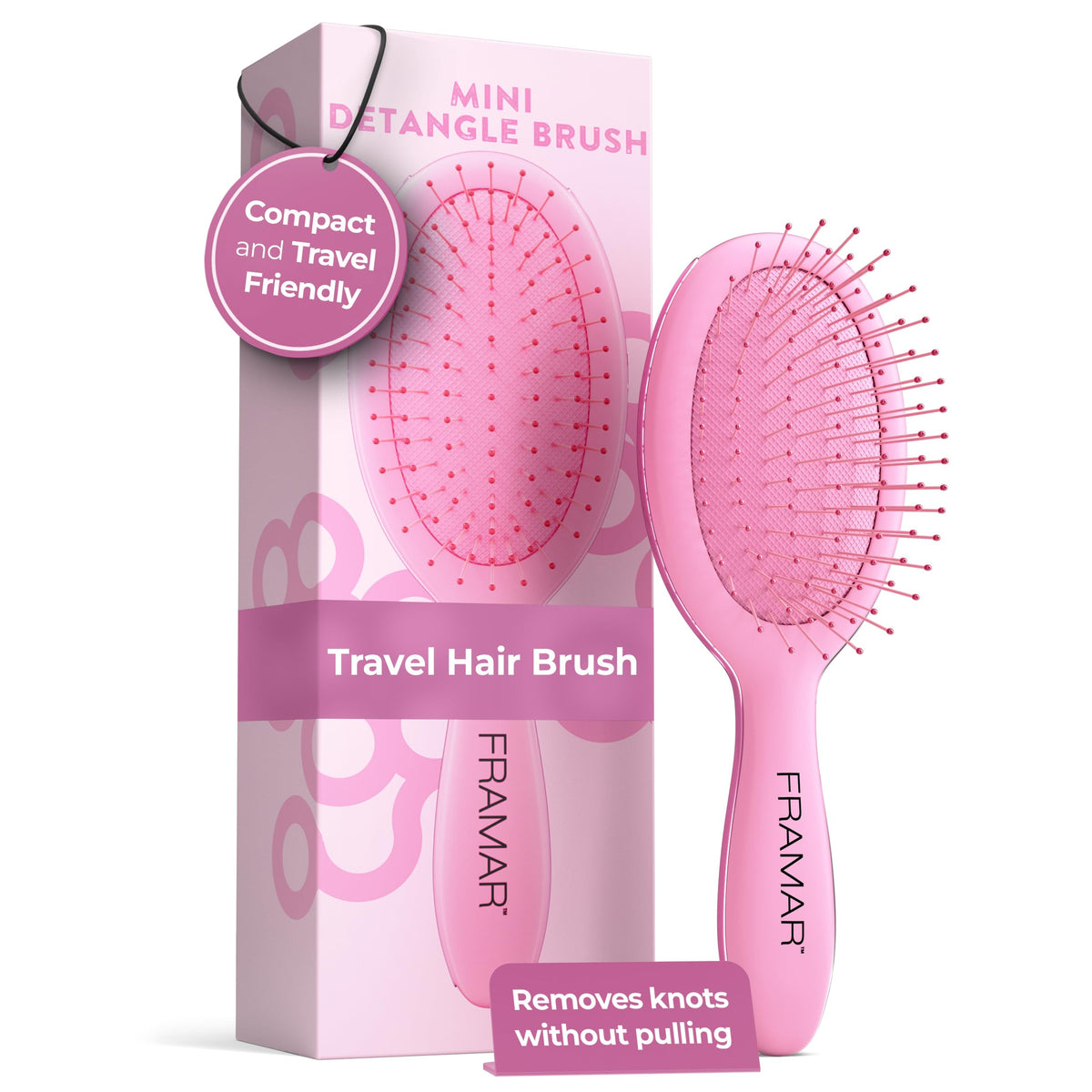 FRAMAR Mini Hair Brush Detangler front view in matte pink