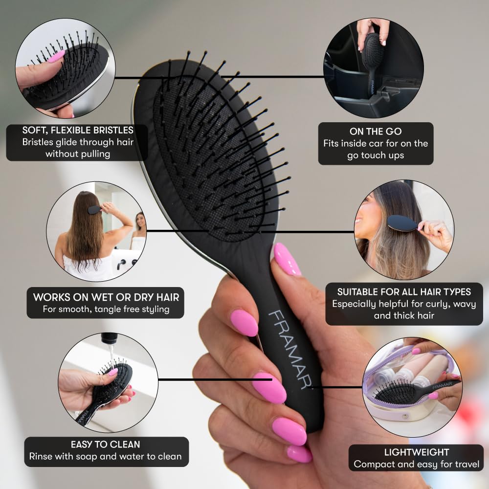 FRAMAR Mini Hair Brush Detangler side view showcasing bristles