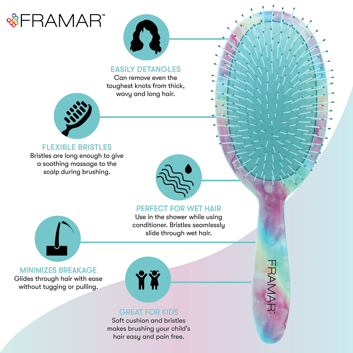 FRAMAR Purple Hair Brush Detangler with flexible bristles