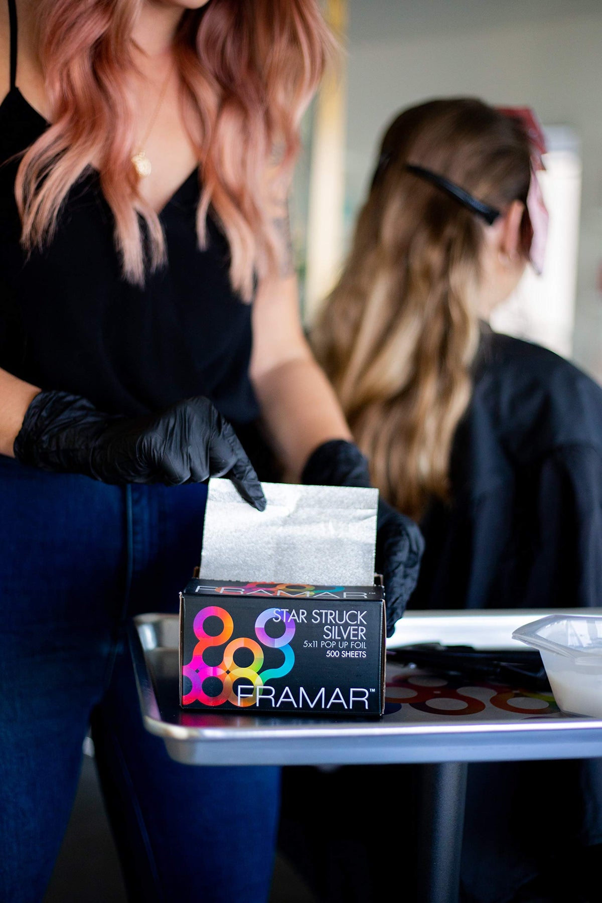 FRAMAR Silver Hair Foils displayed with hair colouring tools