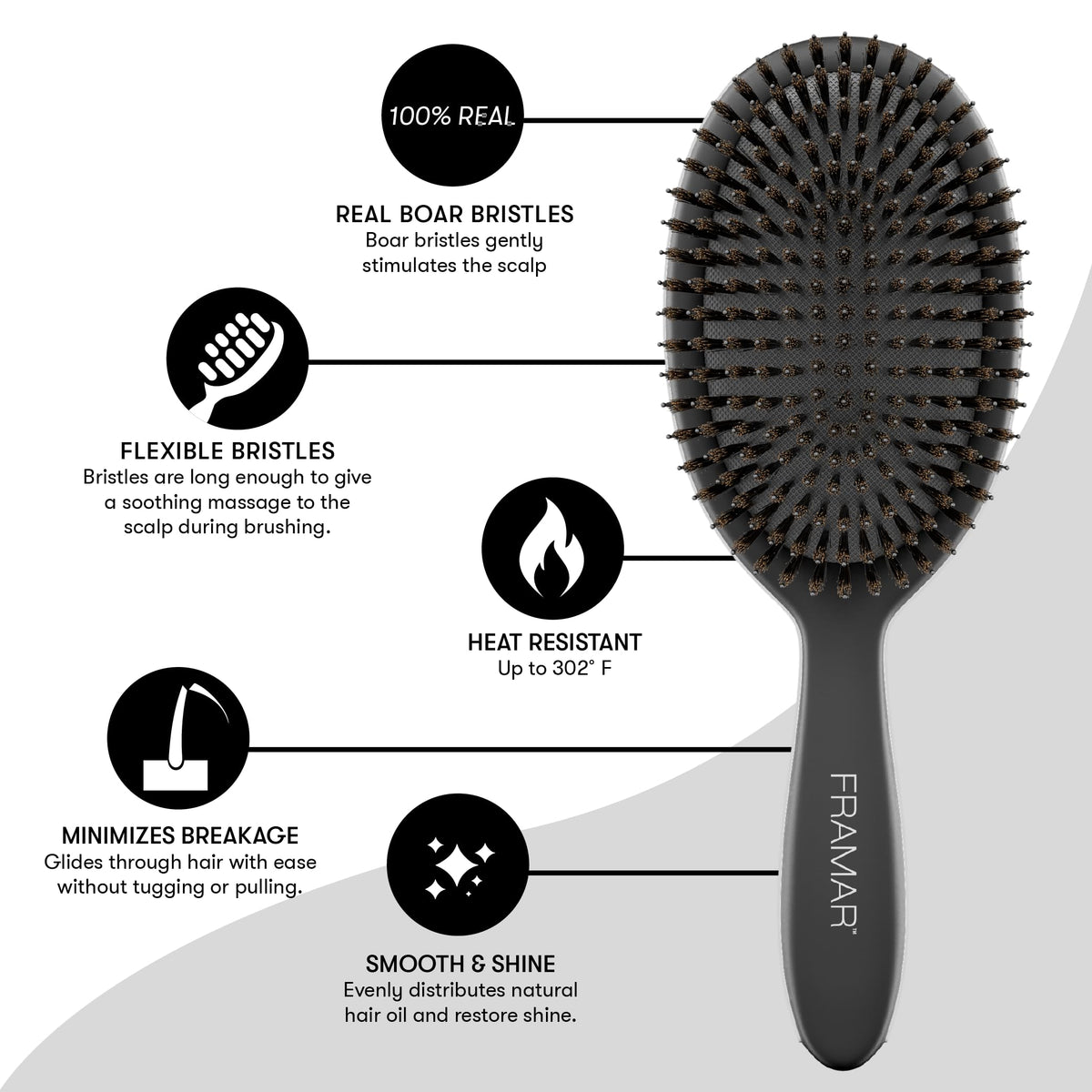 FRAMAR Soft Boar Bristle Hair Brush in use on hair