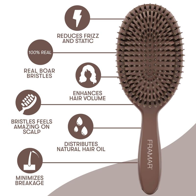 FRAMAR Soft Boar Bristle Hair Brush on a bathroom counter
