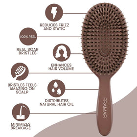 FRAMAR Soft Boar Bristle Hair Brush on a bathroom counter