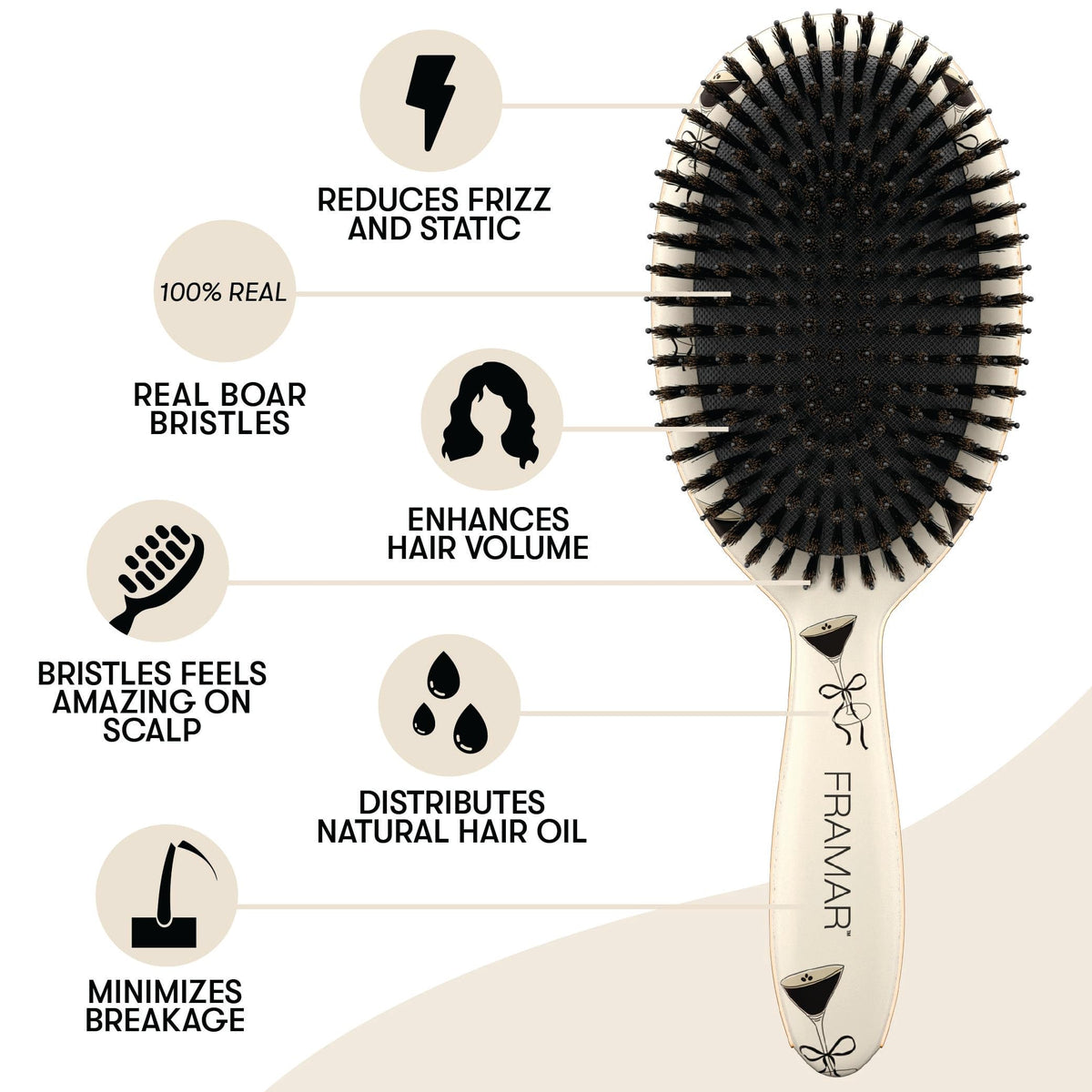 FRAMAR Soft Boar Bristle Hair Brush with hair strands