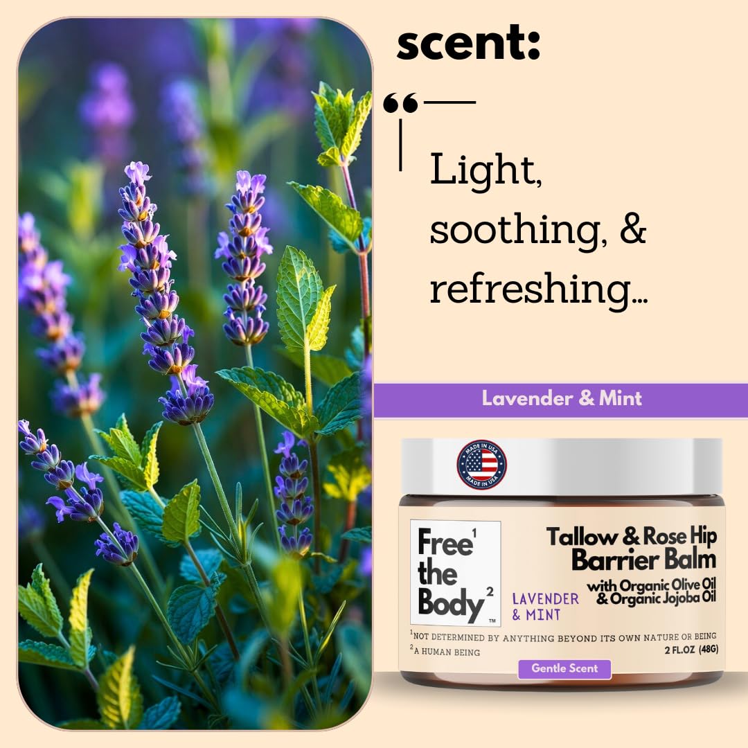 Free the Body Tallow and Rose Hip Barrier Balm on a wooden surface