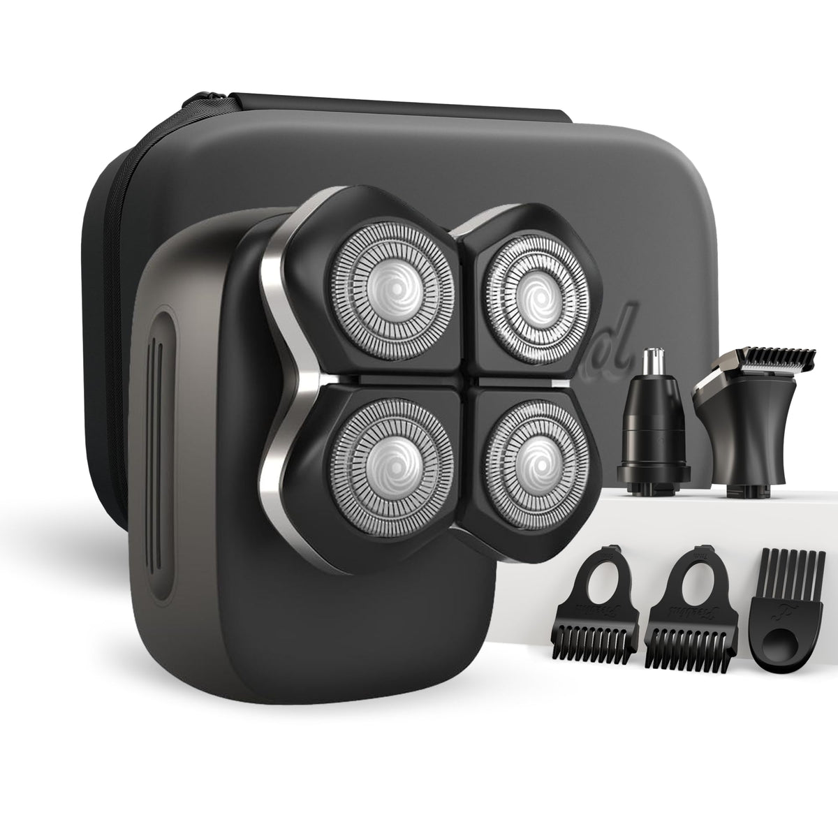 Freebird Electric Head & Body Hair Shaver front view with attachments
