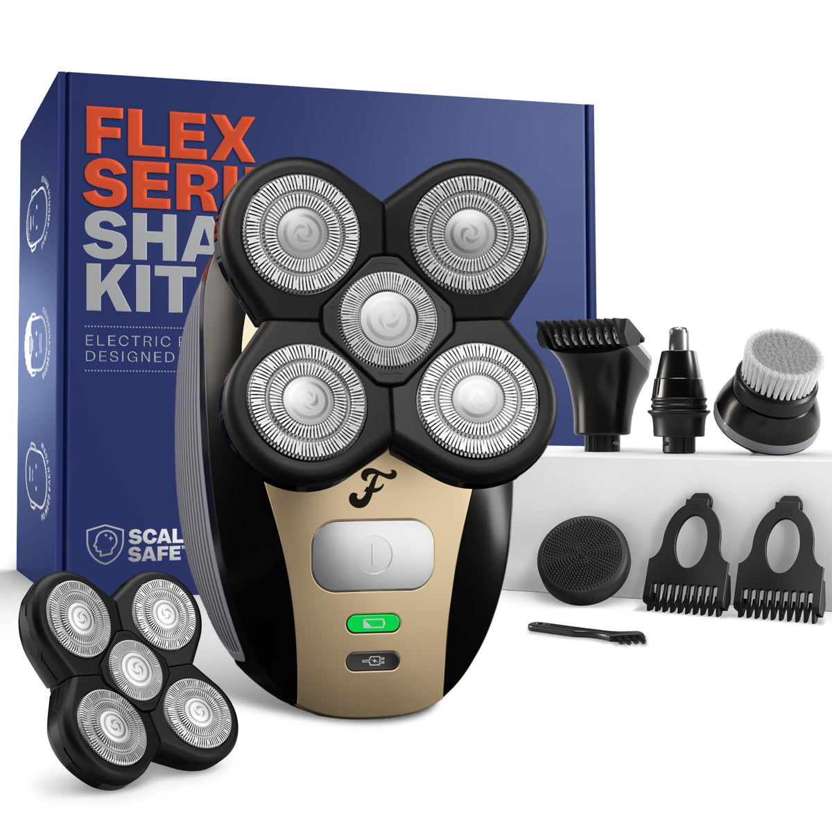 Freebird Electric Head & Body Hair Shaver front view with attachments