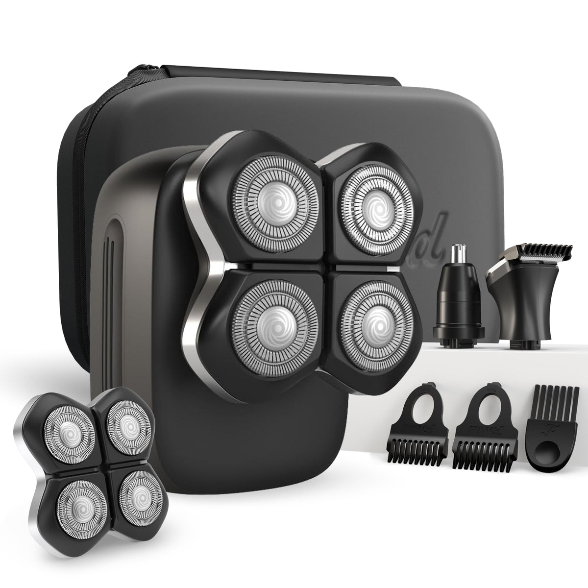Freebird Electric Head & Body Hair Shaver front view with attachments