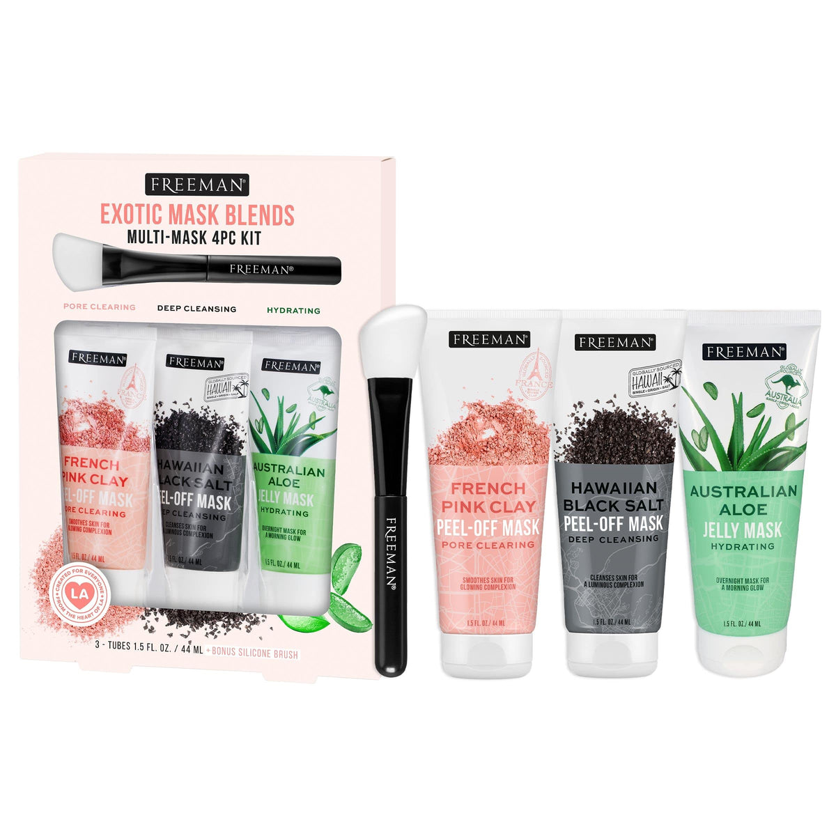 Freeman Exotic Blends Facial Mask Set front view with four tubes and brush