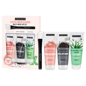 Freeman Exotic Blends Facial Mask Set front view with four tubes and brush