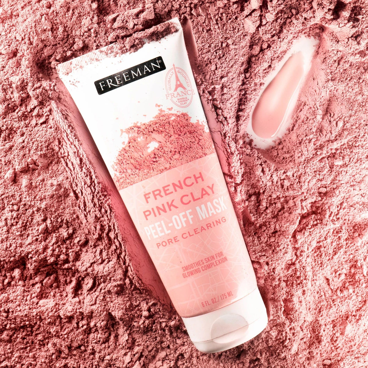 Freeman French Pink Clay Peel-Off Face Mask on bathroom counter