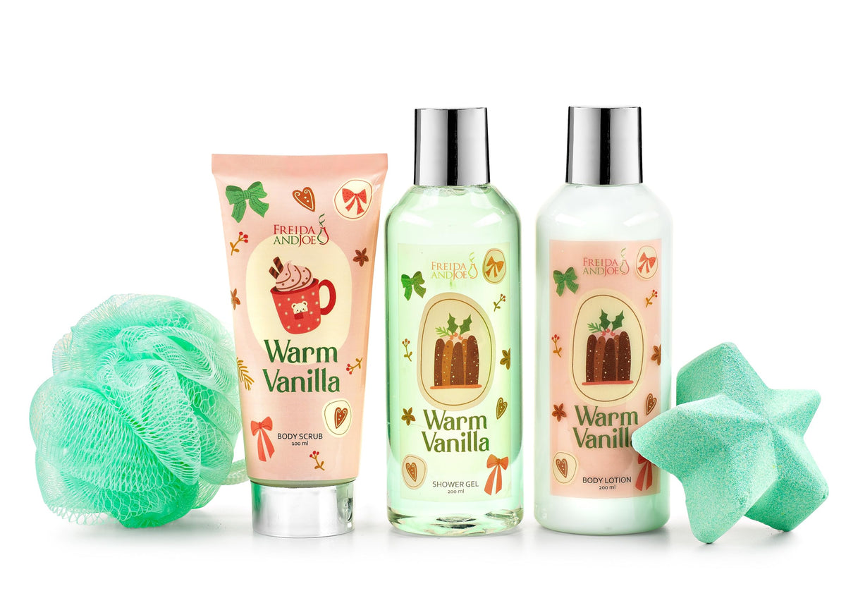 Freida and Joe Warm Vanilla Bath & Body Collection contents