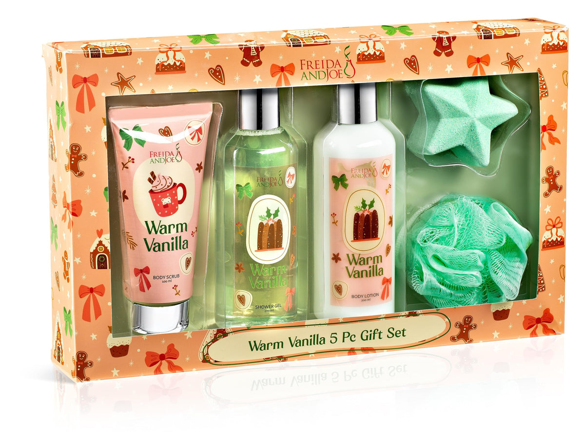 Freida and Joe Warm Vanilla Bath & Body Gift Box front view
