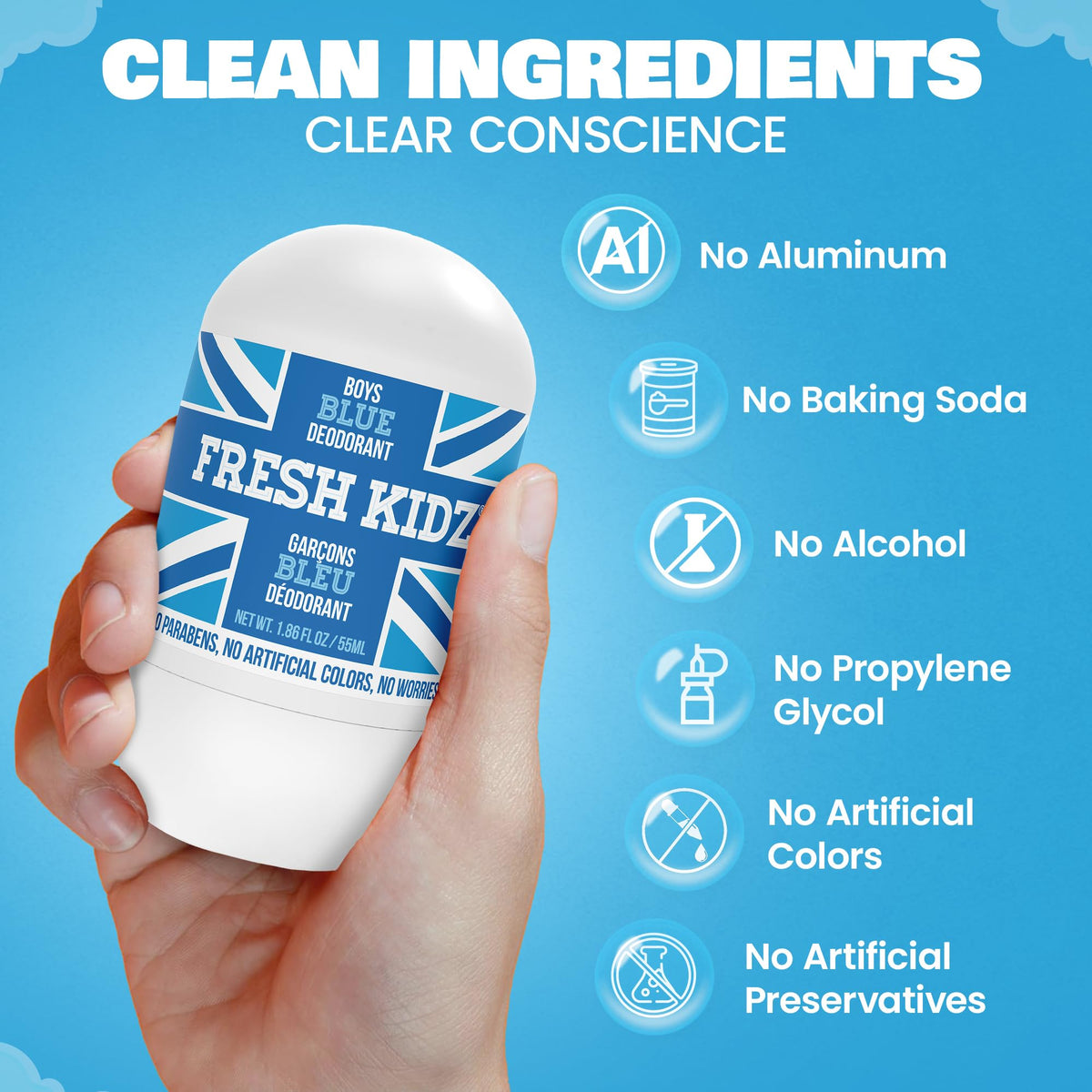 Fresh Kidz Blue Roll-On Deodorant application on skin