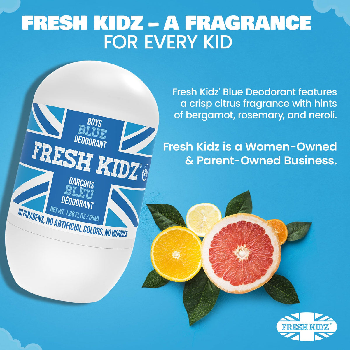 Fresh Kidz Blue Roll-On Deodorant in a bathroom setting