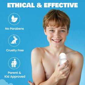 Fresh Kidz Blue Roll-On Deodorant in hand for application