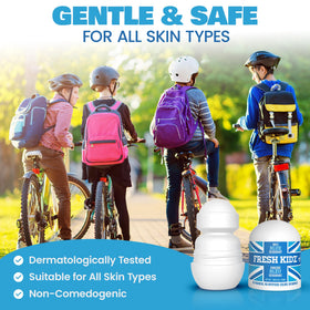 Fresh Kidz Blue Roll-On Deodorant next to sports gear