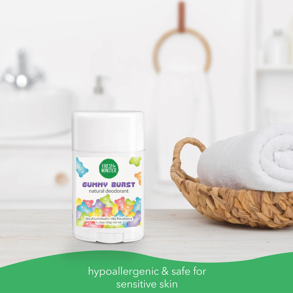 Fresh Monster Kids Natural Deodorant Gummy Burst scent in a lifestyle scene