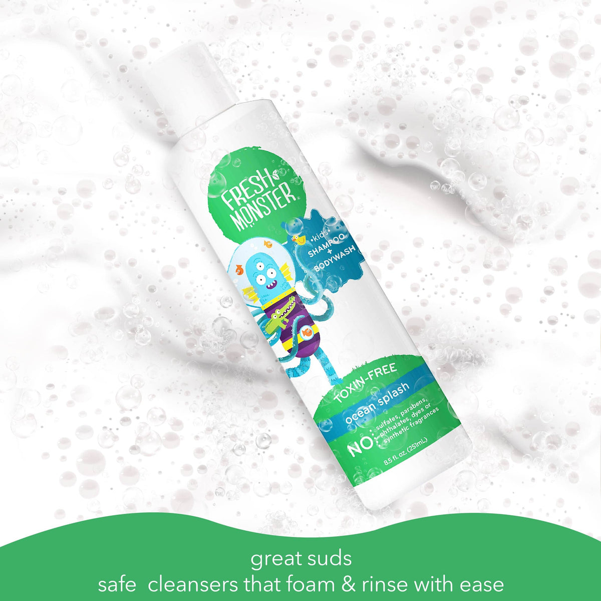 Fresh Monster shampoo bottle with Ocean Splash fragrance description