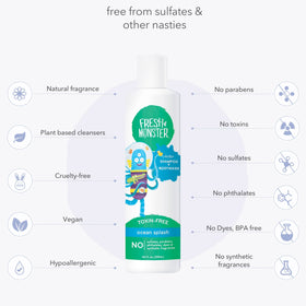 Fresh Monster shampoo bottle with playful monster design