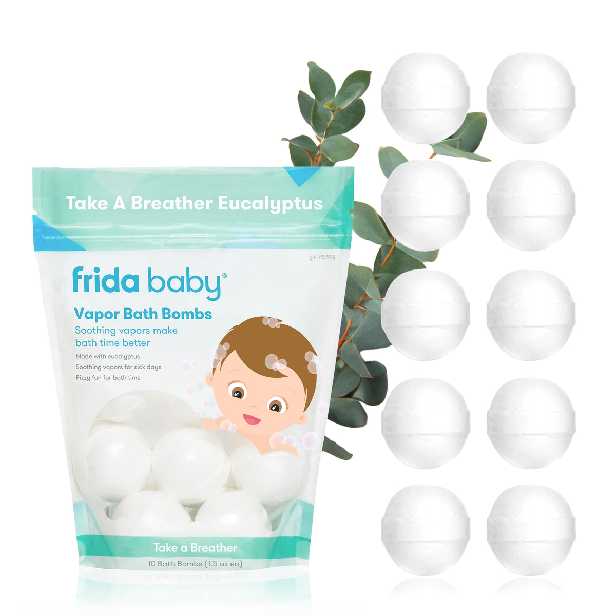 Frida Natural Vapor Bath Bombs package front view with 10 bath bombs