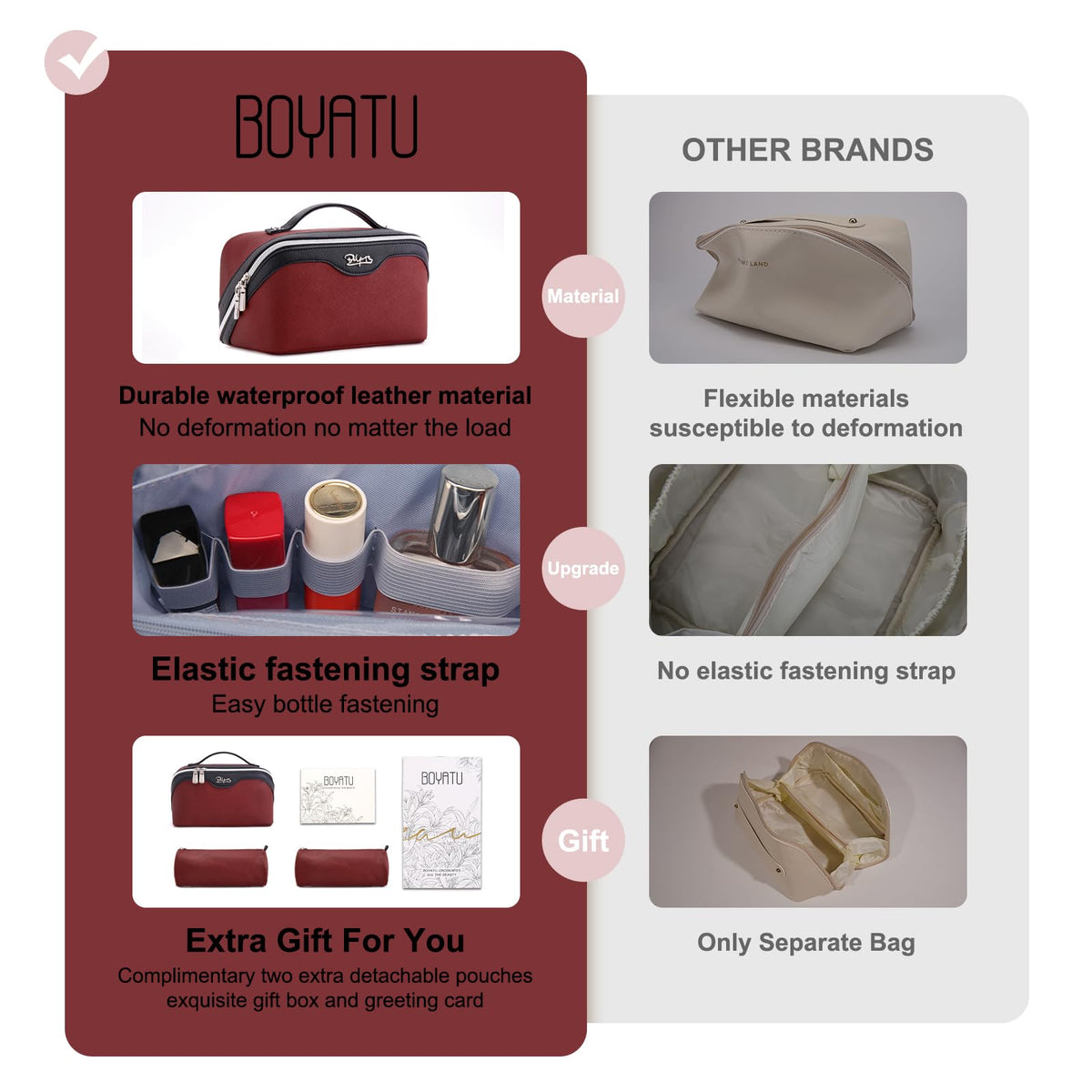 Front view of BOYATU large capacity travel cosmetic bag