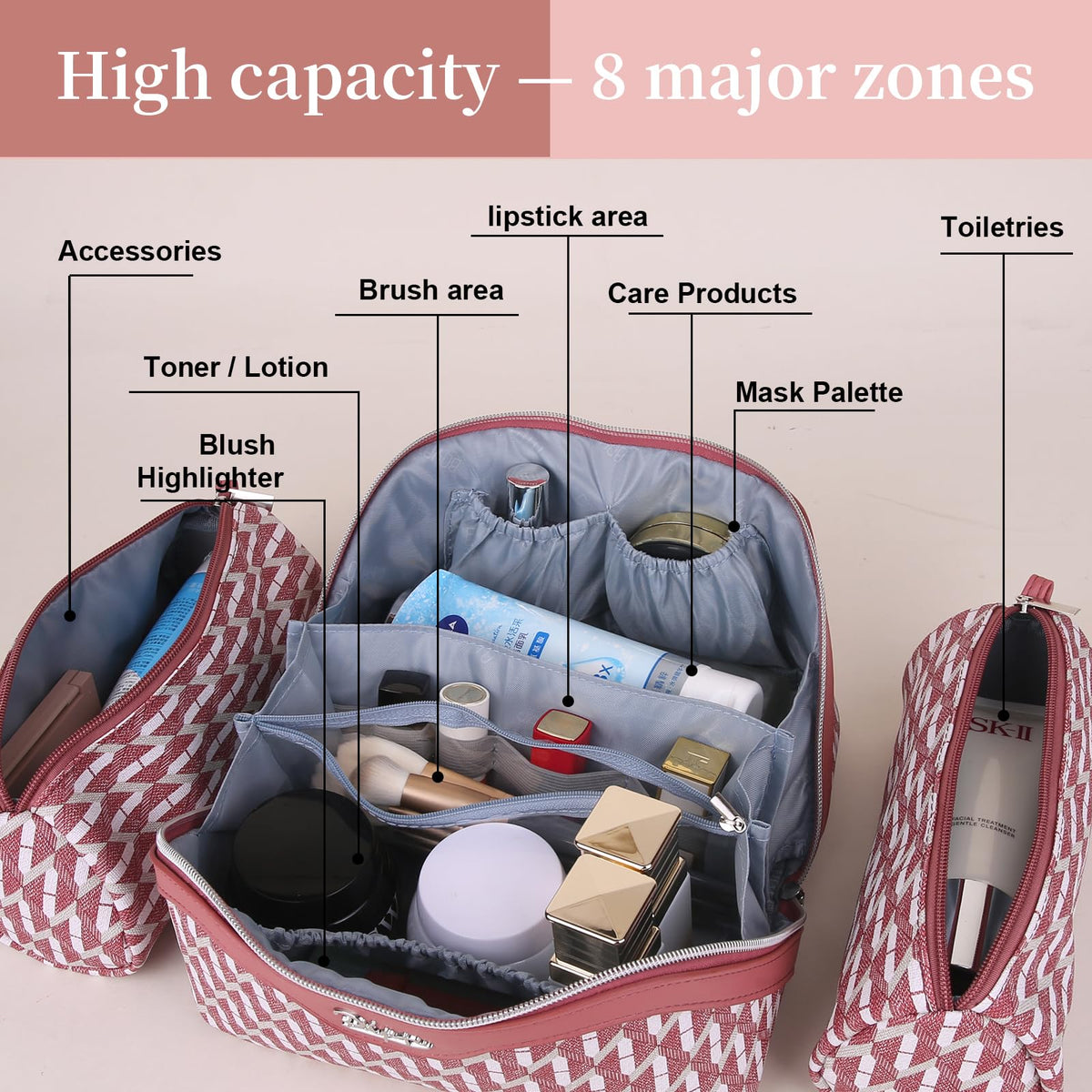 Front view of BOYATU travel cosmetic bag with small pouches