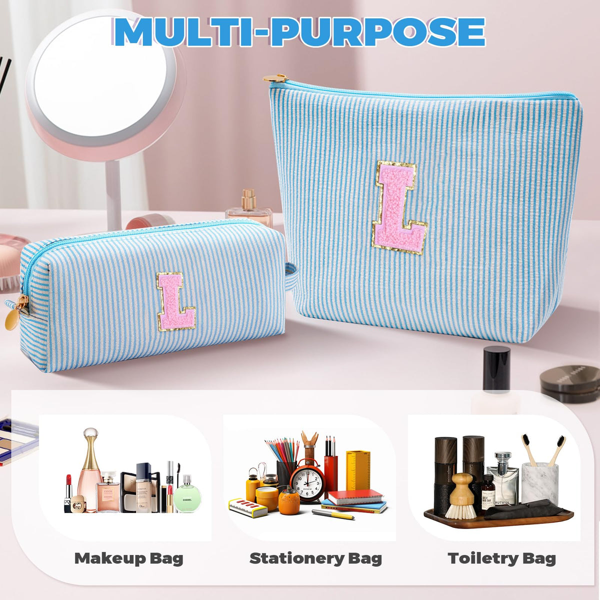 Front view of Btffitting blue cosmetic bags