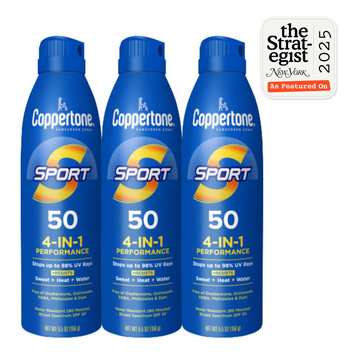 Front view of Coppertone Sport Sunscreen Spray bottle showing the continuous sprayer