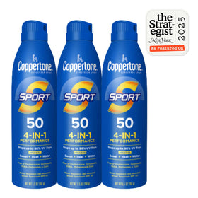 Front view of Coppertone Sport Sunscreen Spray bottle showing the continuous sprayer
