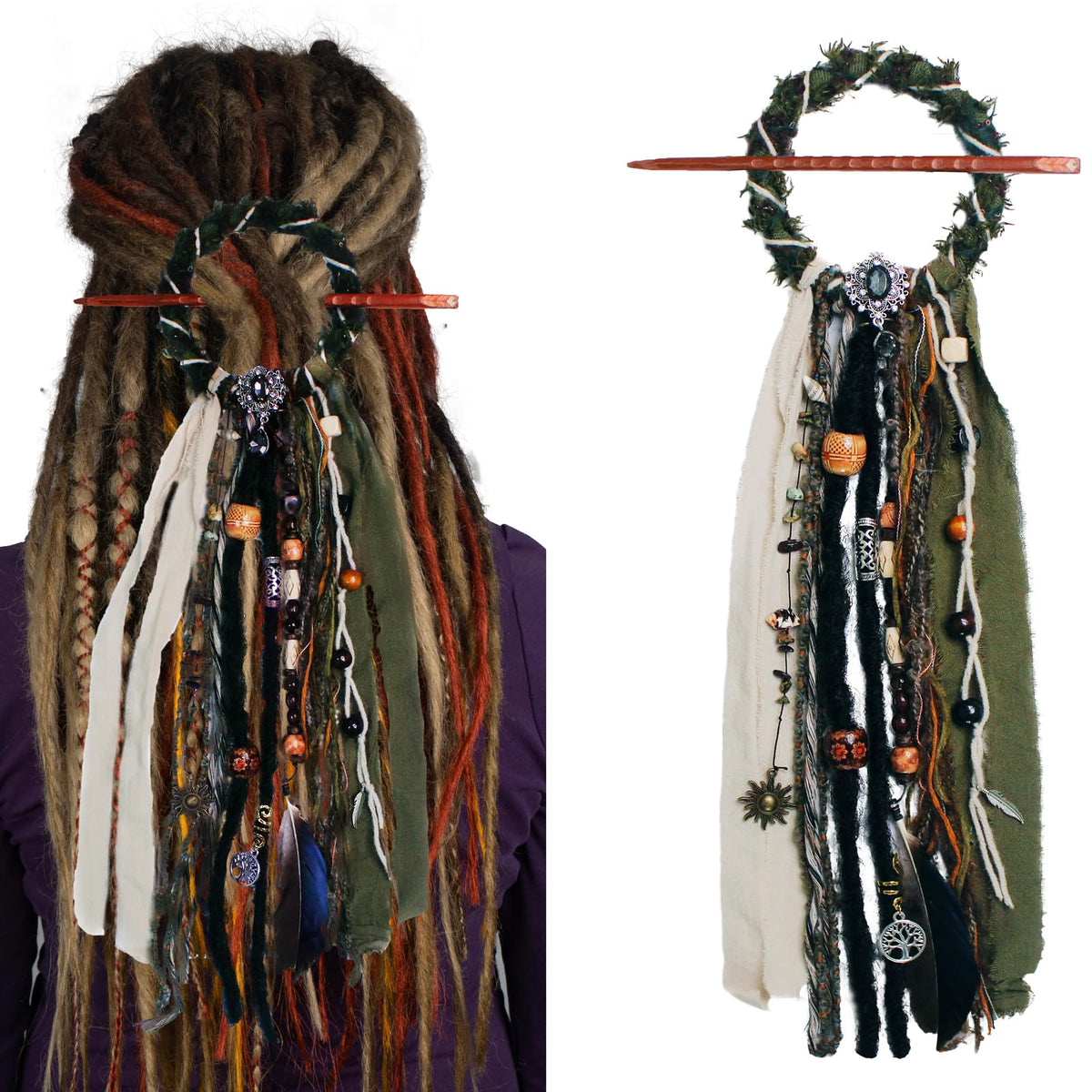 Front view of Generic dreadlock hair tie with wooden beads and natural stones