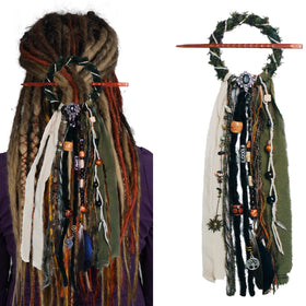 Front view of Generic dreadlock hair tie with wooden beads and natural stones