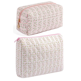 Front view of HHQQWZ Makeup Bag in pink floral design