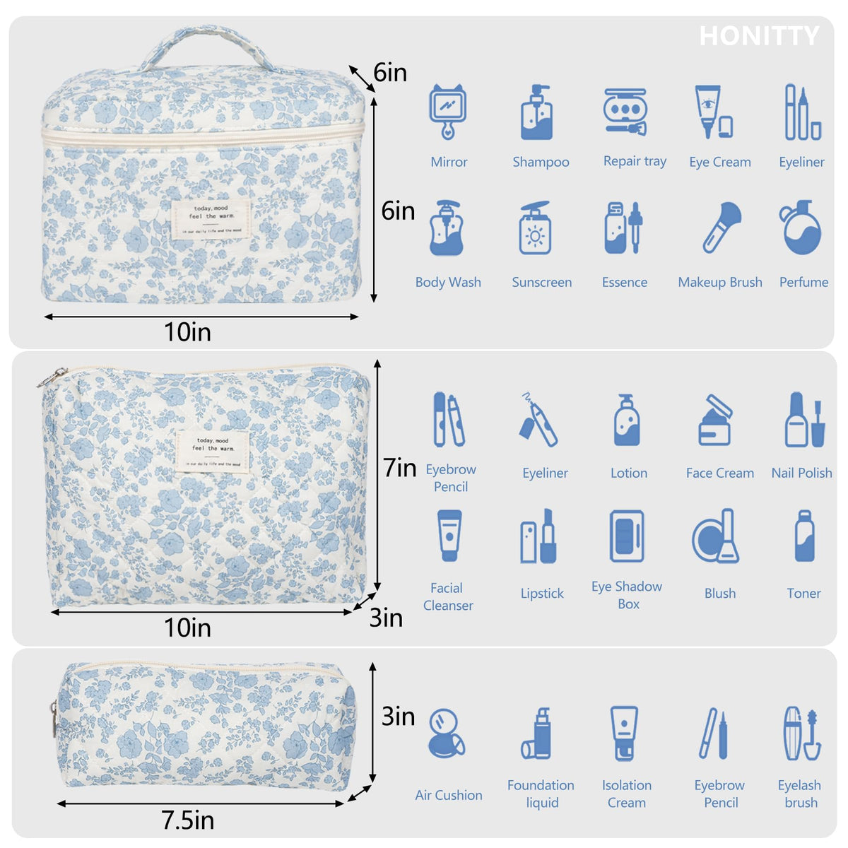 Front view of honitty quilted cosmetic bag in floral pattern