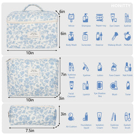 Front view of honitty quilted cosmetic bag in floral pattern
