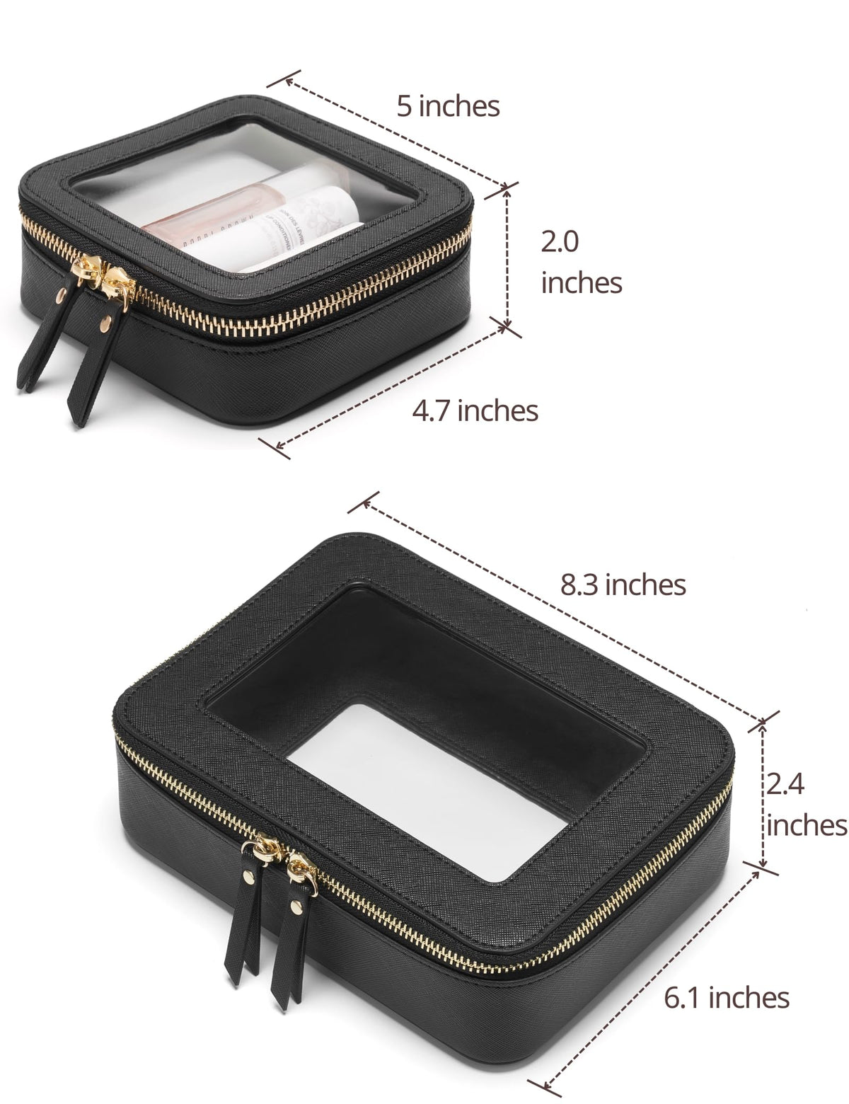Front view of mini Popvibe clear makeup bag with zipper