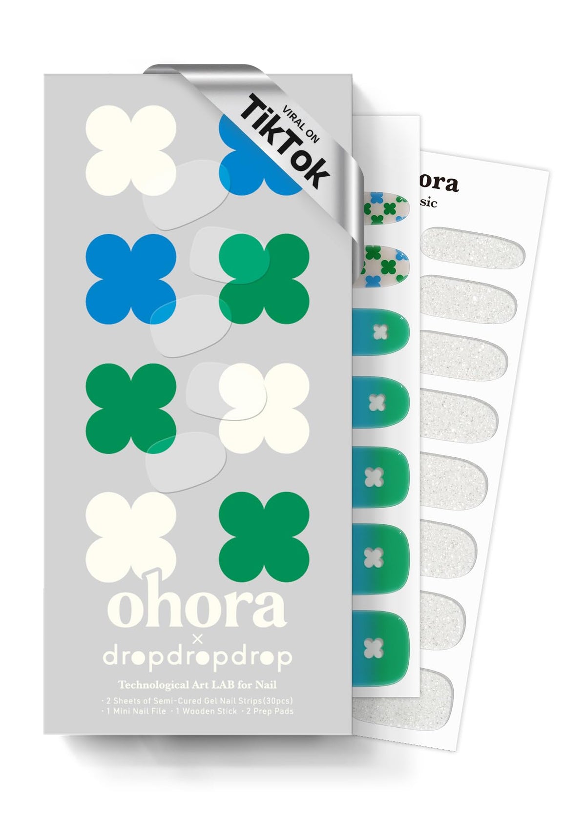 Front view of ohora Semi Gel Nail Strips N Lucky Drop Clover box