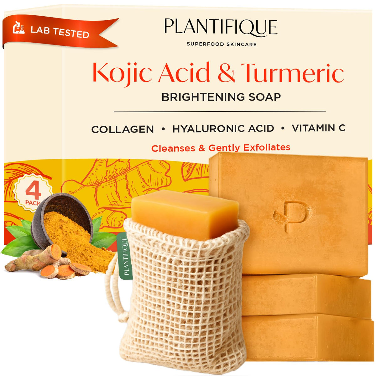Front view of PLANTIFIQUE Kojic Acid & Turmeric Soap 340g