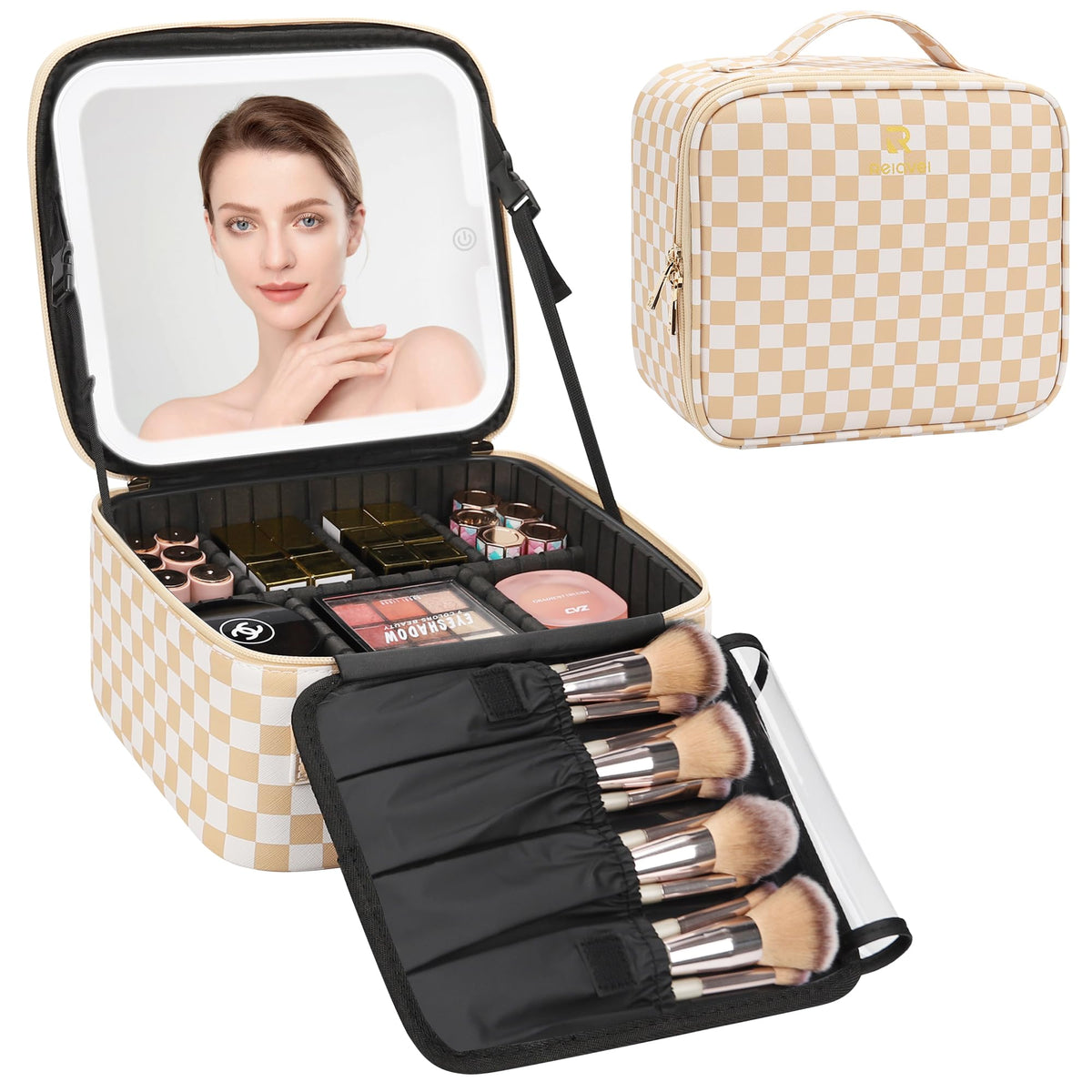 Front view of Relavel Travel Makeup Bag with LED mirror