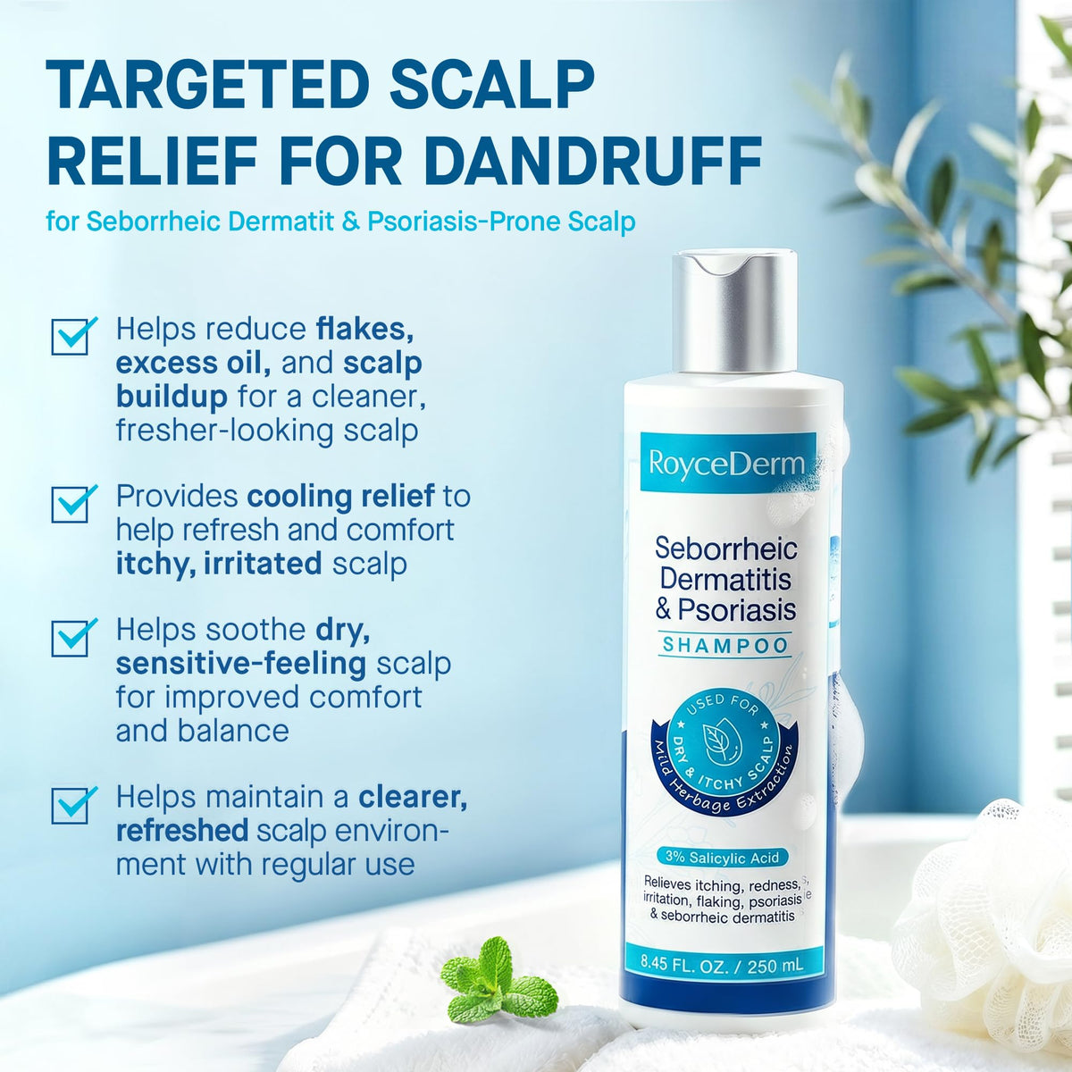 Front view of Roycederm Anti-Dandruff Shampoo bottle