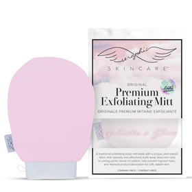 Front view of SERAPHIC SKINCARE Pink Premium Exfoliating Mitt