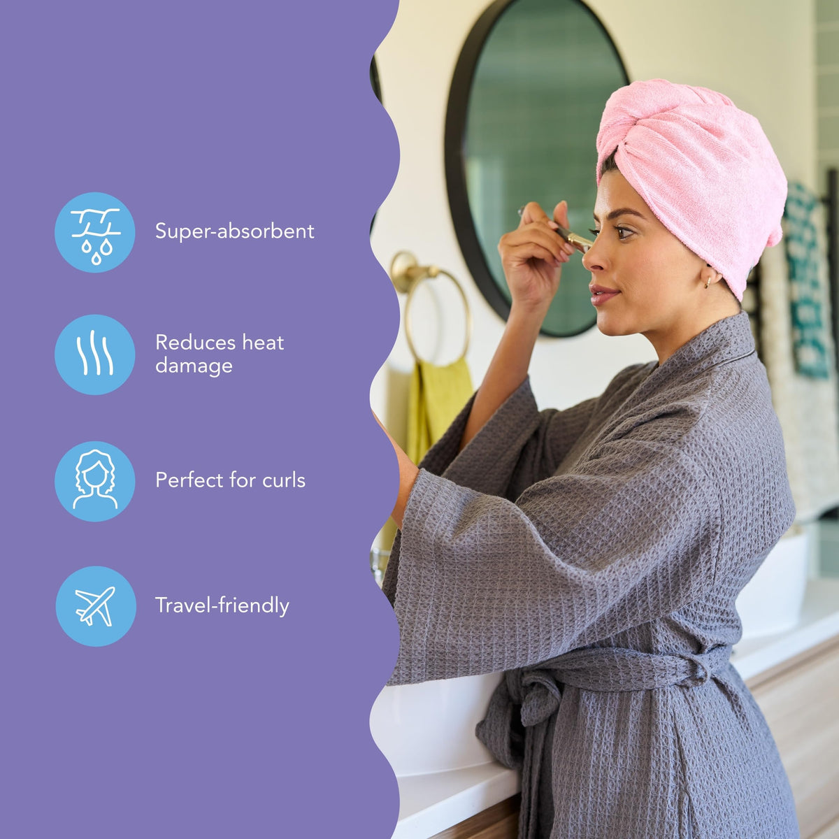 Front view of Turbie Twist Microfiber Hair Towel wrapped around hair