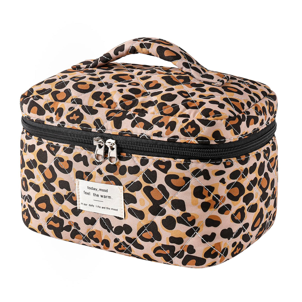 Front view of uekeboag Large Travel Quilted Makeup Bag in floral design
