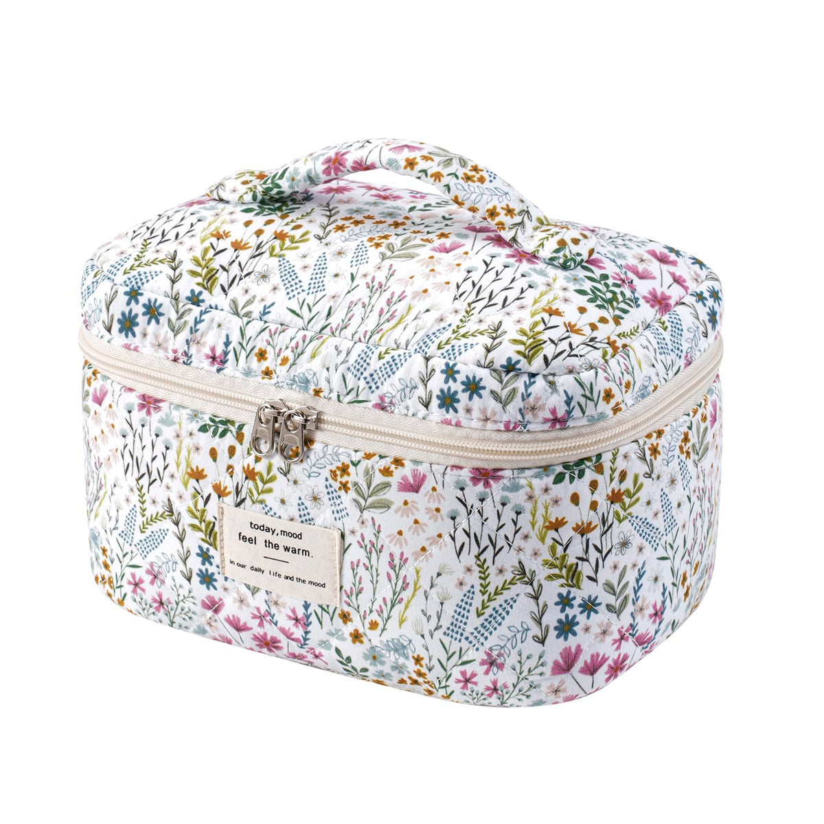 Front view of uekeboag Large Travel Quilted Makeup Bag in floral design